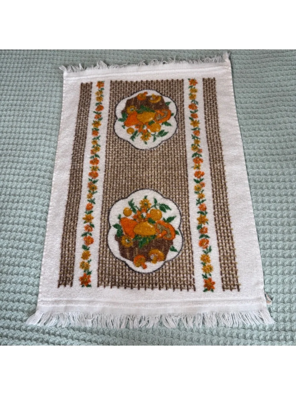 Vintage Cannon Kitchen Hand Towel Fringe Mushroom Fruit Brown Orange Gold 70s
